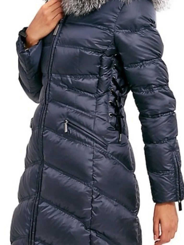 Dawn Levy Cloe Womens Blue Down Puffer Coat Real Fox Fur Hood Large L Nwt — image 6 of 8